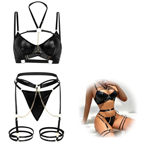 Telooco Gothic Dessous Damen Sexy Unterwäsche Leder Dessous Set Kunstleder Sexy Unterwäsche für Frau Verstellbare Strapse Bodysuit Outfit für...