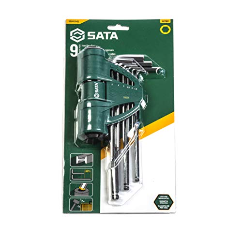 Sata 9-Piece Metric Hex Key Set, Extra-Long Ball-End Design, With A Green Storage Caddy And Torque Handle - St09124Sj #TOP6