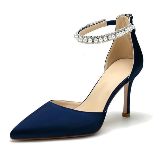 Image of Pointed Toe Pearl Wedding Shoes for Bride White High Heels Satin Bridal Shoes Zipper Back Evening Party Dance Dresses Shoes Pumps for Women
