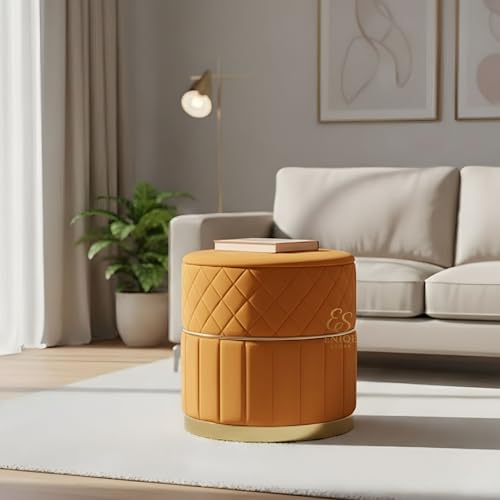 Image of Set of 2 Round Velvet Ottoman Footstool Gold Base - Tufted Upholstered Pouffe Stool for Living Room, Bedroom & Dressing Area (Orange)