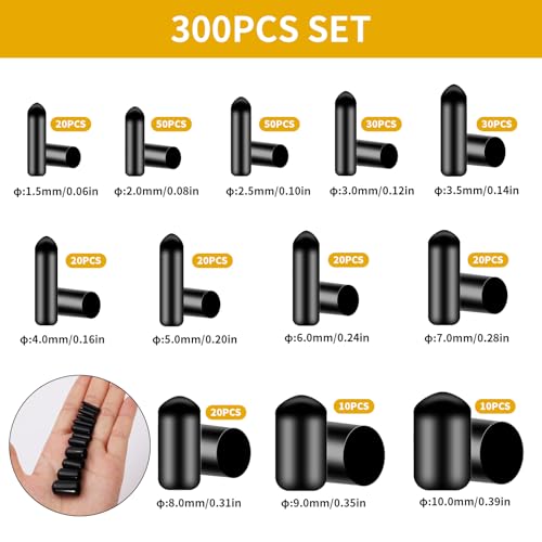 300 Stück Rundrohr Gummi Stopfen Set, Schwarz PVC Vinyl Gummikappen, Schutzkappen zum Schrauben, Gummi-Endkappen Bolzen Kappe, Schrauben Kunststoffkappen für Metallstäbe Elektrokabeln (Φ1.5mm-10mm)