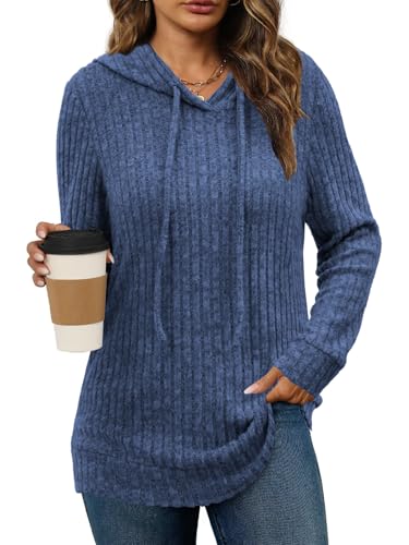 Image of Lylinan Womens Soft Ribbed Knit Hoodie Sweaters Long Sleeve Pullover Shirts Lightweight Cozy Fall Tops Blue XL