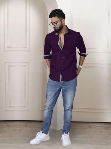 Image of Pinkmint Shirt for Men Cotton Spread Collar Button Down Long Sleeve Shirt Home, Regular, Home (Pack of 1) Purple