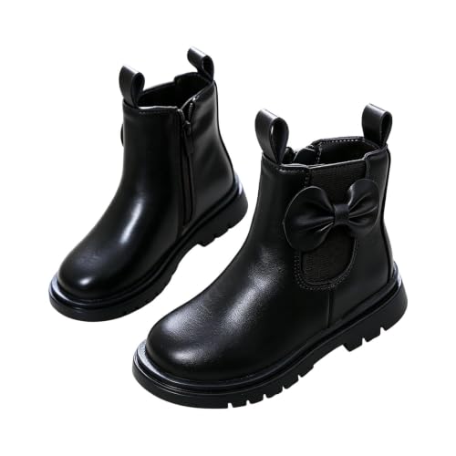 Image of Saxrel Black Girls Ankle Boots Faux Leather Bow Chelsea School Shoes Size 2