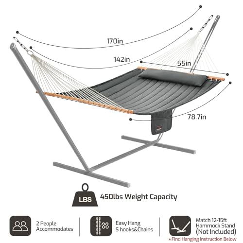 Image of CHULIM Double Quilted Fabric Hammock with Hardwood Spreader Bars and Pillow 450 LBS Capacity 2 Person Large Hammock for Outdoor Patio Backyard Poolside - Dark Grey