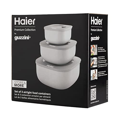 Haier HAGSM4080 Juego de Tres Recipientes Herméticos para Alimentos, aptos para el Lavavajillas, para usar en el Frigorífico, el Congelador y el Microondas, 3 Tamaños, para Ahorrar Espacio