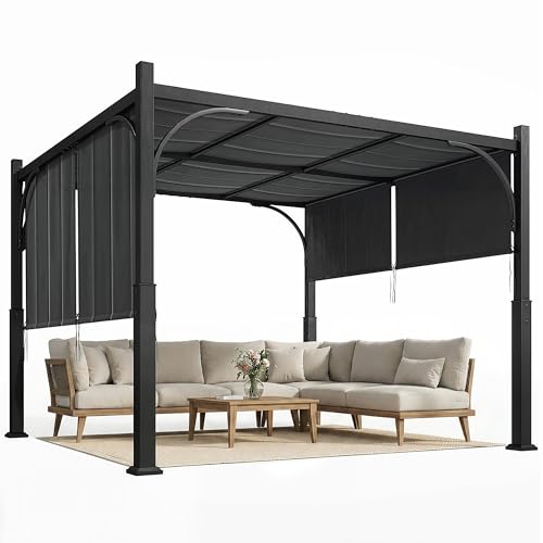 Outsunny Pergola de Jardin 3 x 3 m, tonnelle de Jardin avec Auvent Coulissant, Structure métallique, abri Solaire extérieur pour terrasse ou Balcon, Gris Foncé