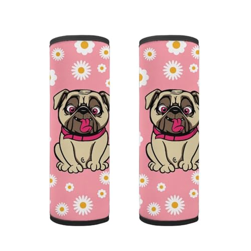 Biyejit Pink 2 Pack Seat Belt Cover for Kids, Daisy Pug Dog Car Seat Belt Pads Cover for Girls, Kid's Children Seat Belt Cushion, Shoulder Strap Pad