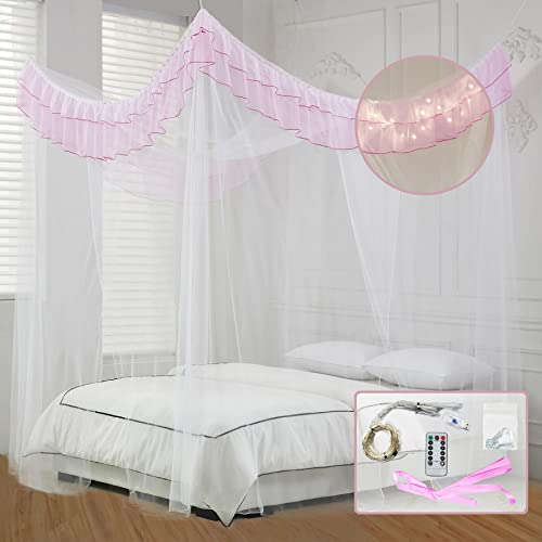Eimilaly 4 Corner Bed Canopy Curtains White With Pink Ruffle For Girls Bed Decor, Bed Canopy With Lights (10M|100Pcs) Suit For Full/Queen/King Size Bed #TOP3