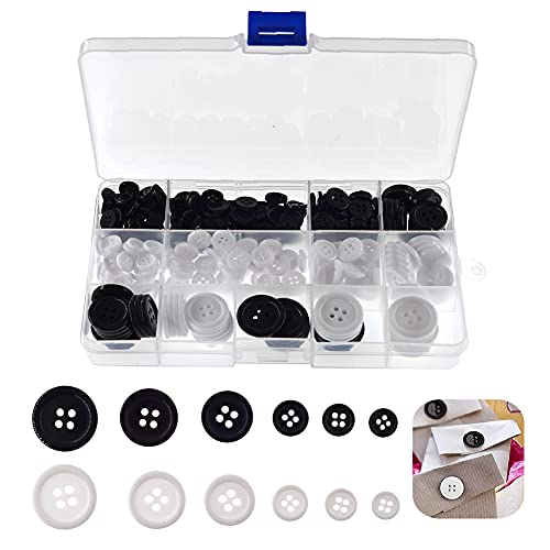 YIXISI 336 PCS Sewing Resin Buttons, Six Styles Each in Black + White Round Shape 4 Holes Craft Buttons with Storage Box