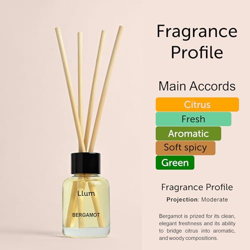 Image of Llum Bergamot 30ml Reed Diffuser Set | Premium Room Freshener for Small Spaces, Washrooms, Desk Accessory | Organic, Toxin Free Home Fragrance, Aromatherapy | Luxurious Scents | Elegant Gift