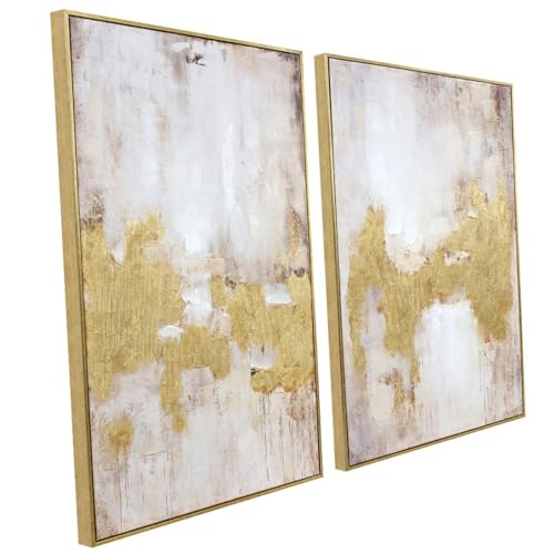 Image of 2 Piece Gold and Neutral Abstract Wall Art - Modern Textured Canvas Prints with Hand-Applied Brush Strokes, Framed Artwork for Living Room, Bedroom, or Office, 20 x 28 Inches
