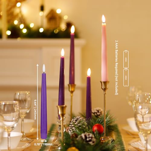 Image of Flamelss Advent Candles, 9.6 inch Real Wax Flameless Taper Candles with Remote, 4 Pack Flickering LED Candle Battery Operated Candlesticks for Christmas, Catholic, Advent, Wreath, Purple and Pink