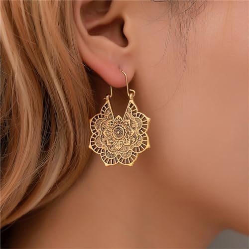 Boho Antique Carved Flower Dangle Drop Earrings for Women Vintage Retro Handmade Hollowed Antiqued Bronze Floral Shaped Geometric Gold Silver Plated Hoop Earrings for Ethnic Style Jewelry Gifts2