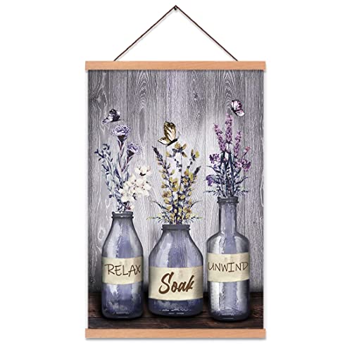 Purple Bathroom Art Prints, Country Botanical Flower Vase Posters Hanging For Wall, Relax Soak Unwind Bath Saying Painting, Modern Home Artwork For Bathroom Shower Room Farmhouse Lavatory (35X56Cm) #TOP22