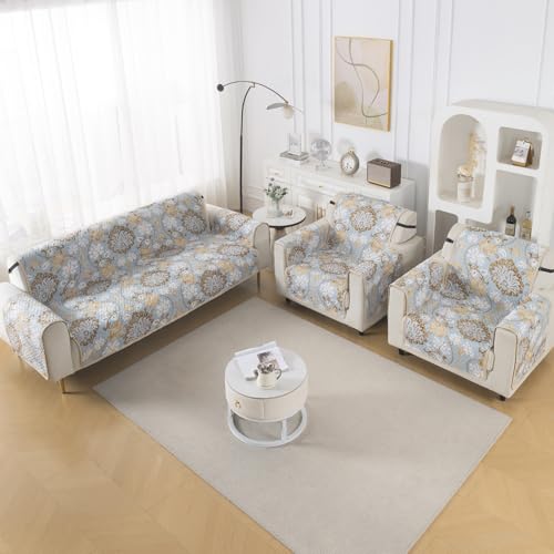 Image of HOKIPO Double Sided Quilted Sofa Cover 5 Seater Fully Covered, (3+1+1) Sofa Cover Set, Easy Drape Series, Cool Breeze Floral (NEW-IN-1101 + IN-1099 * 2-ED5)