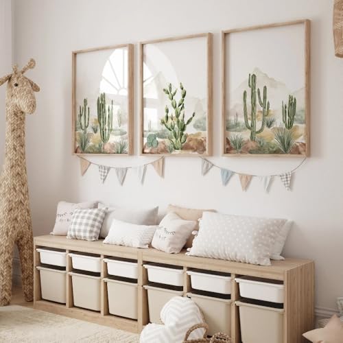 Juego de 3 impresiones en lienzo con diseño de cactus para guardería, arte mural del desierto, póster para decoración del hogar, dormitorio, sala de estar (30 x 50 cm, 3 piezas/marco interior)