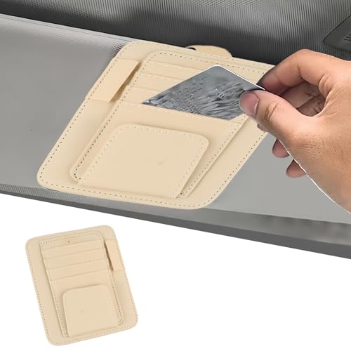 Organizador de la Visera del Sol del Coche, Tarjetero Parasol para Coche de Cuero PU, Soportes Gafas Coche con Ranuras, Bolsa Almacenamiento Visera Automóvil para Tarjetas y Bolígrafos (Beige)