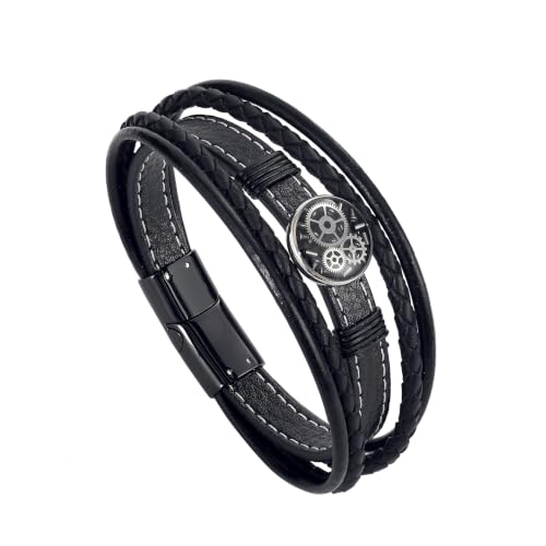 GTMJ Mens Leather Bracelet, Multi-Strand Viking Braided Bracelets 8.5 Inch Steampunk Gear Genuine Leather Wristbands with Stainless Steel Clasp, Gift for Him, Black
