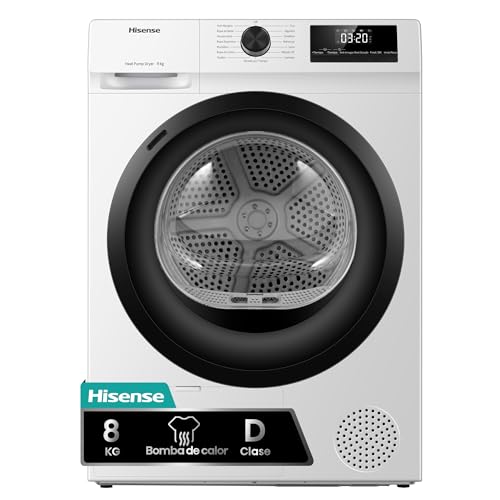 Hisense DHQE800BW2 - Secadora de Ropa, 8Kg, Clase D, Ancho 60cm, 16 Programas, Secado Automático, Secado Rápido, Secado Anti Arrugas, Bomba de Calor, Secado Ion Refresh, Blanco