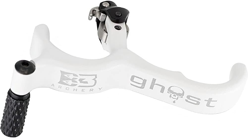 B3 Archery Ghost 3 Finger Handle Back-Tension Release with Textured Coated White Grip & Integrated Thumb Peg for Bowhunting & Competition