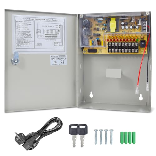Weishuo USV-Netzteilbox 9-Kanal 12V 10A Unterbrechungsfreie Stromversorgung mit Batterie-Backup-Transformator für Überwachungskamera-Zugangskontroll-LED