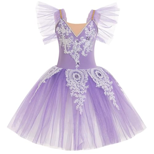 AFAVOM Halloween Ballerina Swan Lake Costume for Girls Sequin Embroidery Flower Camisole Skirted Leotard Ballet Dance Dress for Toddler Kids Party Performance Dancewear Dress up Purple 13-14 Years