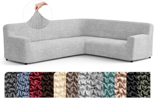 Image of Bellissima Sofa Covers - Premium Luxury Microfibra Plain Stretchable Corner Sofa Cover Fully Covered Slipcover, Imported from Italy (Pearl)