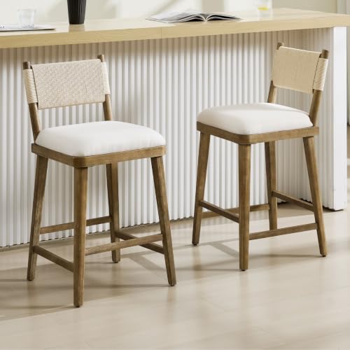 Butacos de barra para isla de cocina, set de 2 unidades, respaldo tejido y asiento tapizado en lino beige, estructura de madera natural cepillada, altura de asiento 26 pulgadas miniatura 1