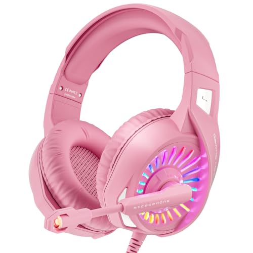 ZIUMIER Z20 Pink Gaming Headset with Microphone, Compatible with PS4 PS5 Xbox One PC Laptop, Over-Ear Headphones with LED RGB Light, Noise Canceling Mic, Stereo Surround Sound (Pink)
