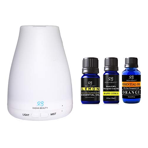 Radha Beauty Citrus Favorites Set - 120ml Aromatherapy Auto Shut-off Diffuser with Happy Citrus, Lemon, Orange Essential Oils. 100% Natural Gift Set for Relaxation, Home, Office, Meditation