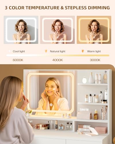 Image of LIVELYGLOW White Makeup Vanity Desk with Charging Station & 4 Drawers | Smart LED Mirror, Cushioned-Stool, Hairdryer-Rack