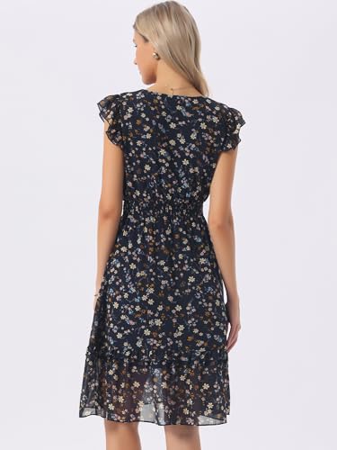 Image of Allegra K Women's Floral Dress Spring Summer V Neck Flutter Sleeve Ruffle Casual Smocked Knee Length Dresses