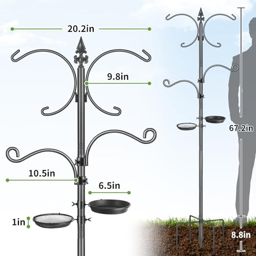 Bird Feeder Pole, 76 Inch Bird Feeding Station, Heavy Duty Shepherd Hooks for Outdoors Hanging Birds Feeders, 4 Hook Hummingbird Feeder Stand with Birds Bath, Mesh Tray - Image 2