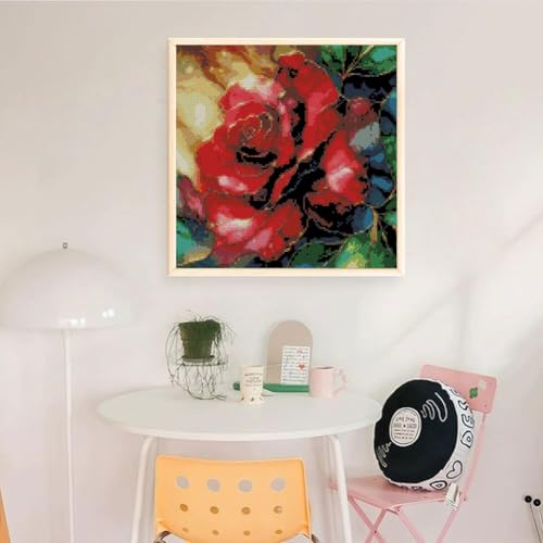 Image of Rose Flowers Stamped Cross Stitch Kits, Embroidery Starter Kit for Adult Beginners, 11CT Cross-Stitch Patterns Dimensions Kit Arts,Needlepoint Kit Crafts for Home Decor 13.7 x 13.7 inch