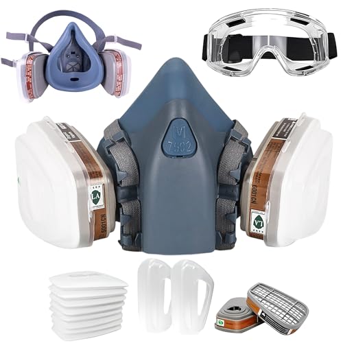 Image of Gas Mask Respirator Set Activated Carbon Filters & Protective Goggles | 6200 Industrial Mask For Epoxy Resin Work, Wall Painting, Welding, Polishing, Spraying & Gas, Construction