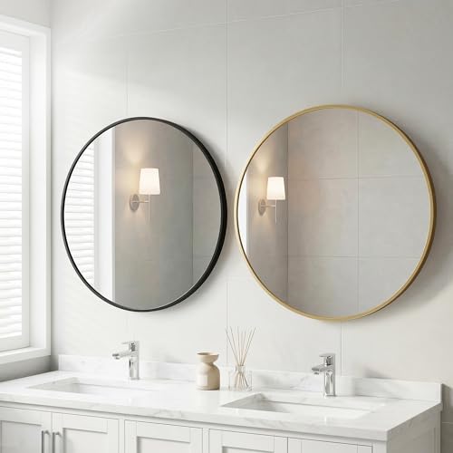 Image of Sweetcrispy Round Bathroom Mirror for Over Sink, 24 Inch Wall Mounted Vanity Mirror with Matte Metal Frame, Decor for Bathroom, Entryway, Bedroom, Black