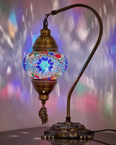 DEMMEX Lámpara de mesa turca marroquí, luz de mesita de noche hecha a mano con mosaico Tiffany de cristal, iluminación bohemia artesanal para dormitorio, sala de estar, acabado de latón antiguo, 15