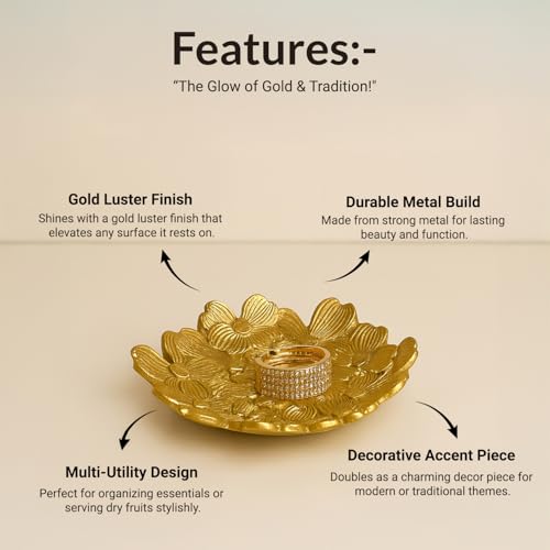 Image of MARKET 99 Golden Embossed Platter | Glossy Aluminium Decorative Dish for Tabletop, Gifting & Festival Display | Designer Tray for Home Decor, Weddings & Celebrations