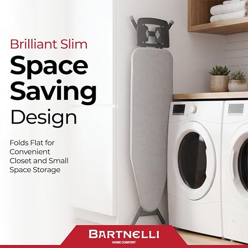 Image of Bartnelli Extreme Stability Ironing Board 43x13 Upgraded Heavy-Duty Metal Frame & Iron Rest, Height Adjustable, Foldable, 4 Non-Skid Feet, 100% Cotton Cover, Made with Patent European Engineering