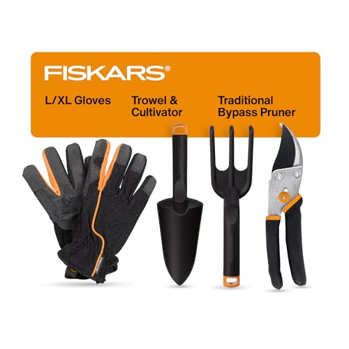 Fiskars 4-Piece House Plant Starter Tool Gift Set, Plant Care Accessories Set for Indoor Gardening and Potting, Pruning Shears with Steel Blade, FiberComp Trowel & Cultivator, L/XL Garden Gloves by Fiskars - Used condition - US$28.79