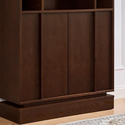Image of 31.7'' Mid Century Modern Accent Sideboard Storage Cabinet Walnut | 11.9''D Slim Credenza, 2 Doors, 3 Open Cubbies, Adjustable Shelf, for Narrow Entryway, Hallway, Living Room & Dining