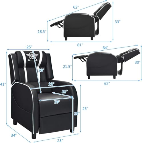 HOMGX Gaming Recliner Chair, Ergonomic PC Computer Chair w/Massage Function & Cushion, Modern Racing Style Single Lounge Sofa with Footrest, Adjustable Recliner Sofa for Adults (White)