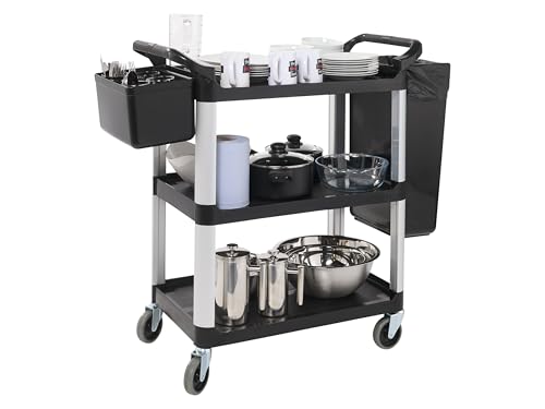 The Workplace Depot 3-Tier Catering Trolley with Removable Bins – Non-Marking Castor Wheels, Lightweight & Space-Saving – Perfect for Kitchens, Restaurants, Hospitals(Trolley with Bins)