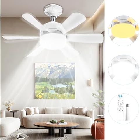 Socket Fan Light Ceiling Fans with Lights and Remote - Dimmable 3 Color Light Bulb Fan Screw in Lightbulb Fan Lights Ceiling Fixtures, 1000 Lumens, 3000-6000K for Bedroom Living Room Indoor - White Cover