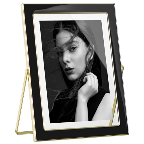 Image of eletecpro 5x7 Enamel Floating Picture Frame with 5.7 inch x 7.7 inch Real Double Glass Cover for Floating Effect, Black Floating Photo Frame for Tabletop, Display Multi-Size Photos and Artworks, Desk Decor