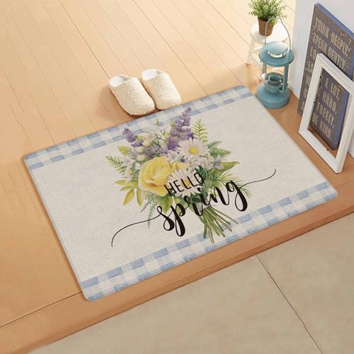Botanical Flower Antifatigue Kitchen Bath Door Mat Cushioned Runner Rug,Washable Welcome Floor Sink Mat,Waterproof & Non-Slip Standing Doormat for Kitchen,Spring Summer Plant Lattice Blue 20