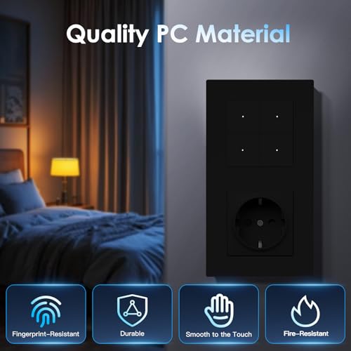 BSEED Normal Steckdose mit Smart Lichtschalter(Neutralleiter Erforderlich), Wlan Schalter Unterputz Kompatibel mit Alexa und Google Home, Taster Schalter 4 Fach 1 Weg mit PC Rahmen, Schwarz