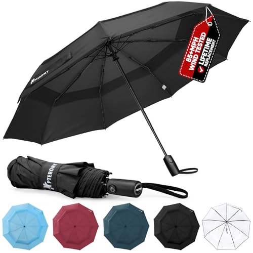 PTEROMY Windproof Compact Travel Umbrellas for Rain and Sun, Withstands 85MPH Winds Auto Open Close Folding Umbrella with Ergonomic Handle, Quick Dry Canopy for Commuting or Backpack(Black, 1PK)