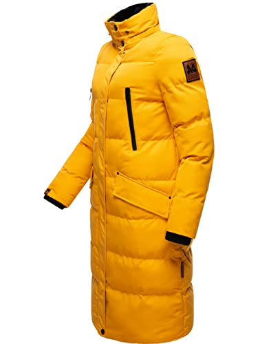 MARIKOO Damen Wintermantel warmer Steppmantel lang mit abnehmbarem Kunstfell und Kapuze Schneesternchen Yellow Gr. XS